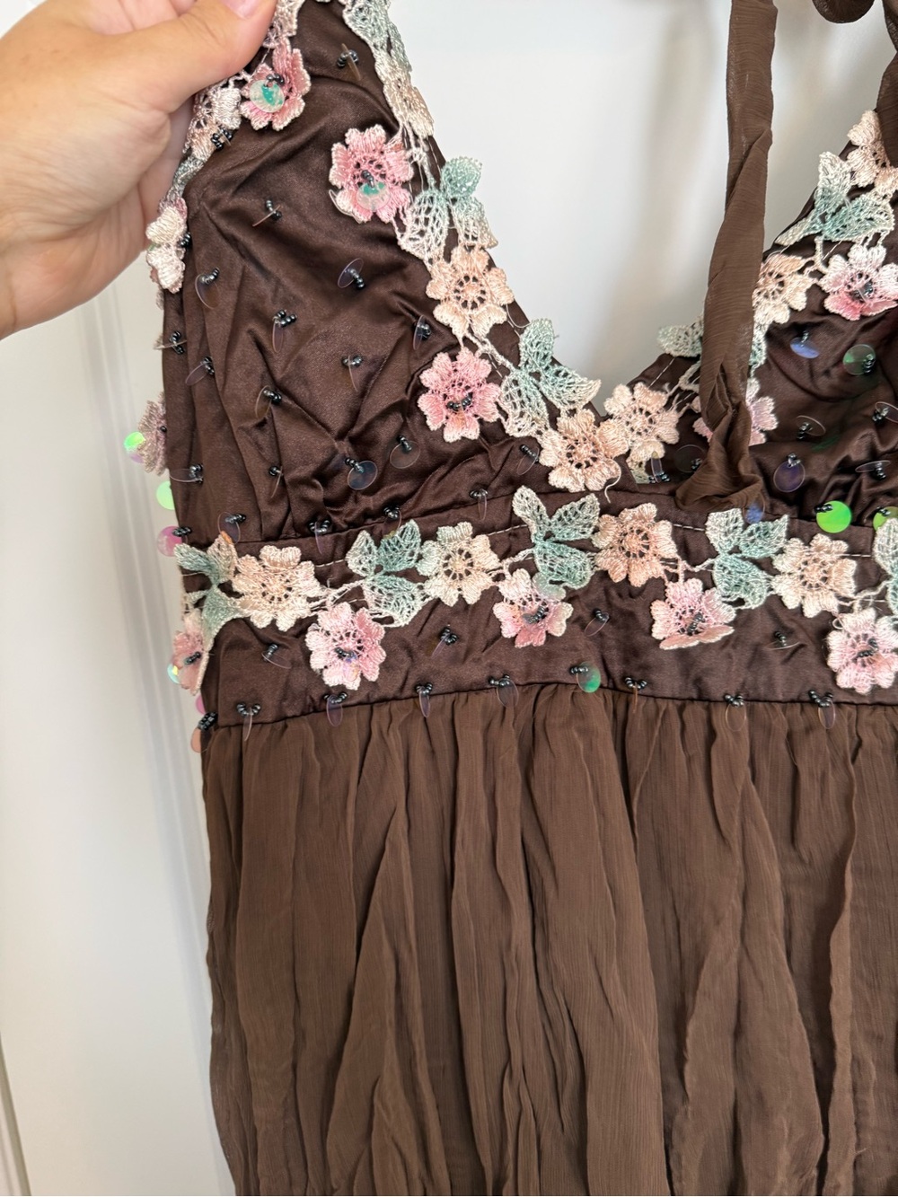 Y2K Brown Floral Appliqué Halter Tank Top - Picture 2 of 4